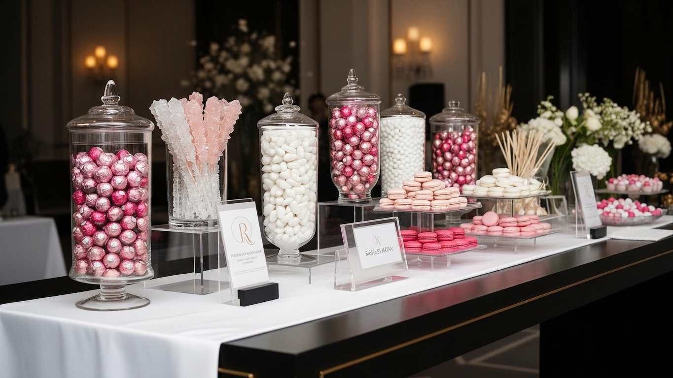 Candy Displays — Apothecary-jar candy displays for social celebrations and corporate events alike.