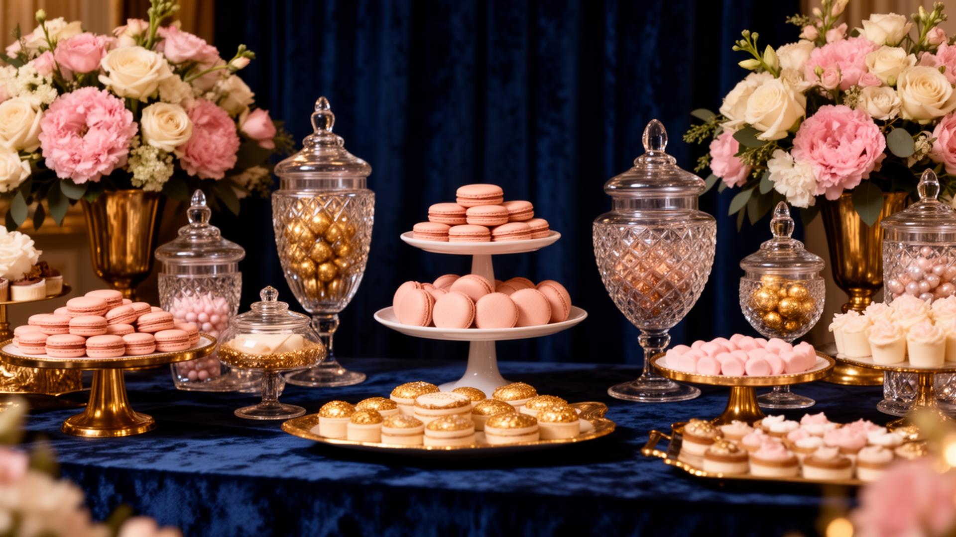 Opulent dessert and candy display with macarons, crystal jars and floral arrangements